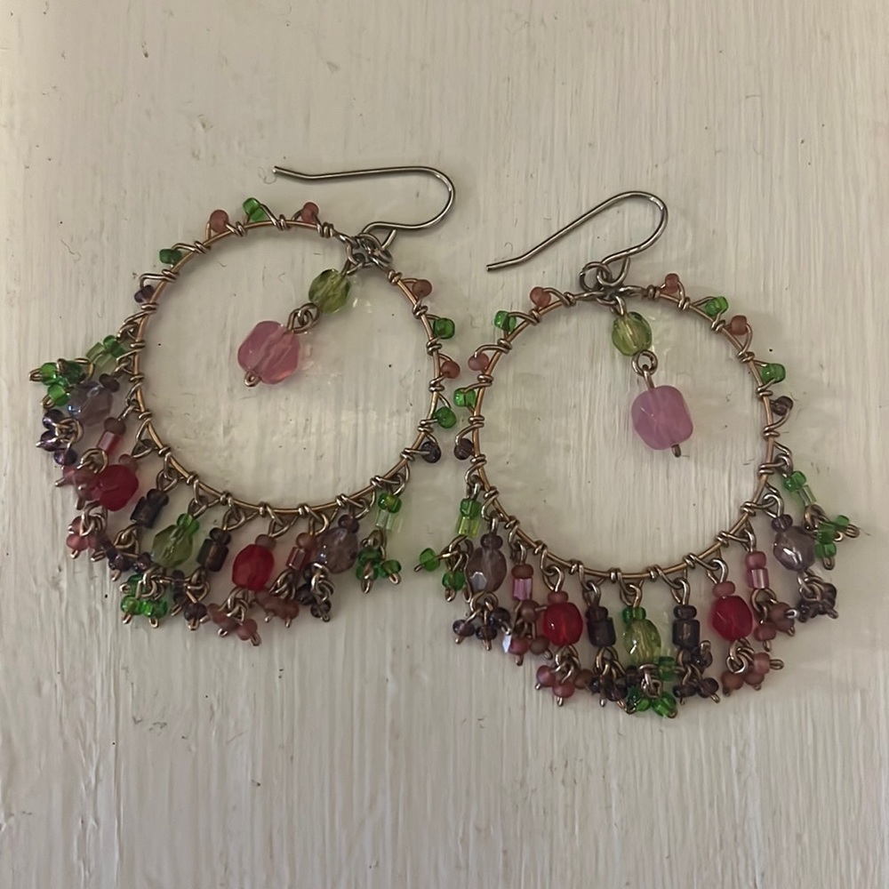 Gold and multicolor beaded hoop earrings